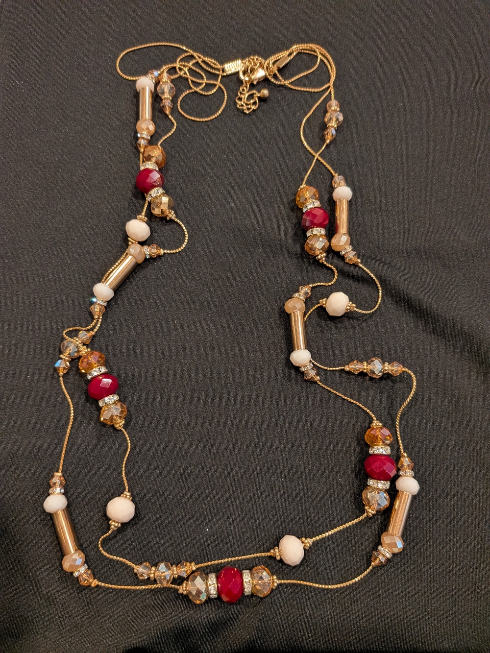 Gold Multi-Bead Long Necklace with Red and Cream Accents